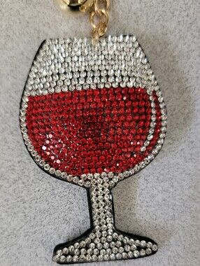 Rhinestone Wine Glass Keychain - Red & Clear Crystal Accents